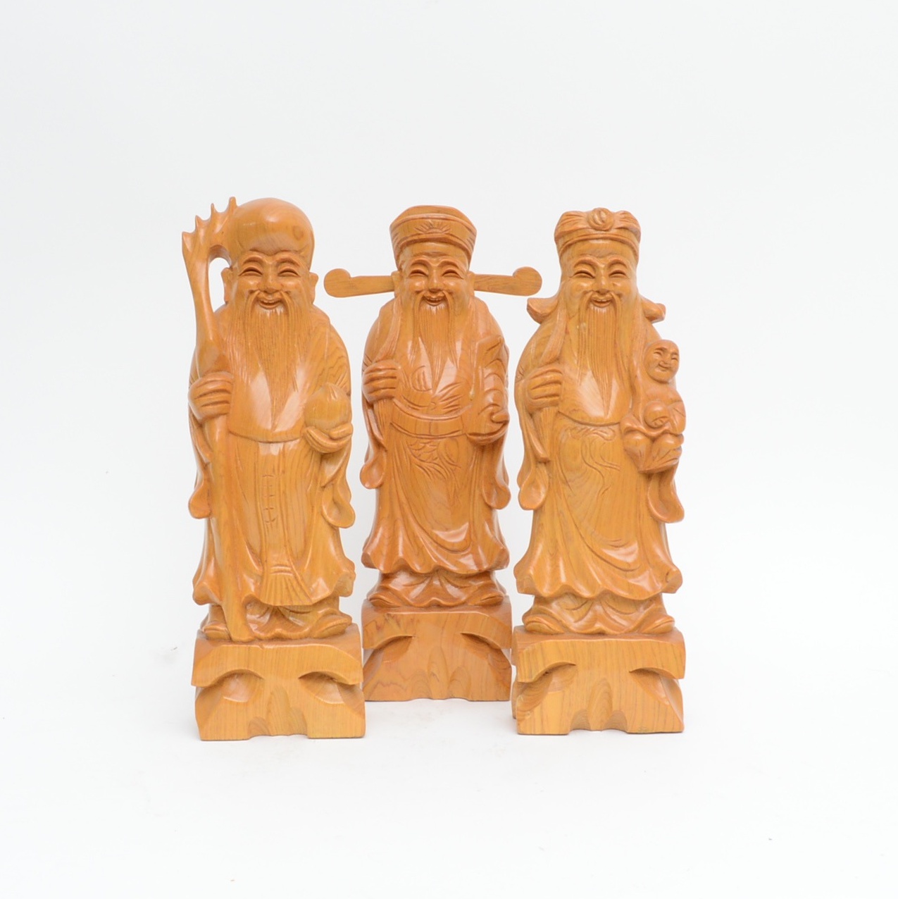 Wooden Hand Carved "Fu Lu Shou" Chinese Figurines
