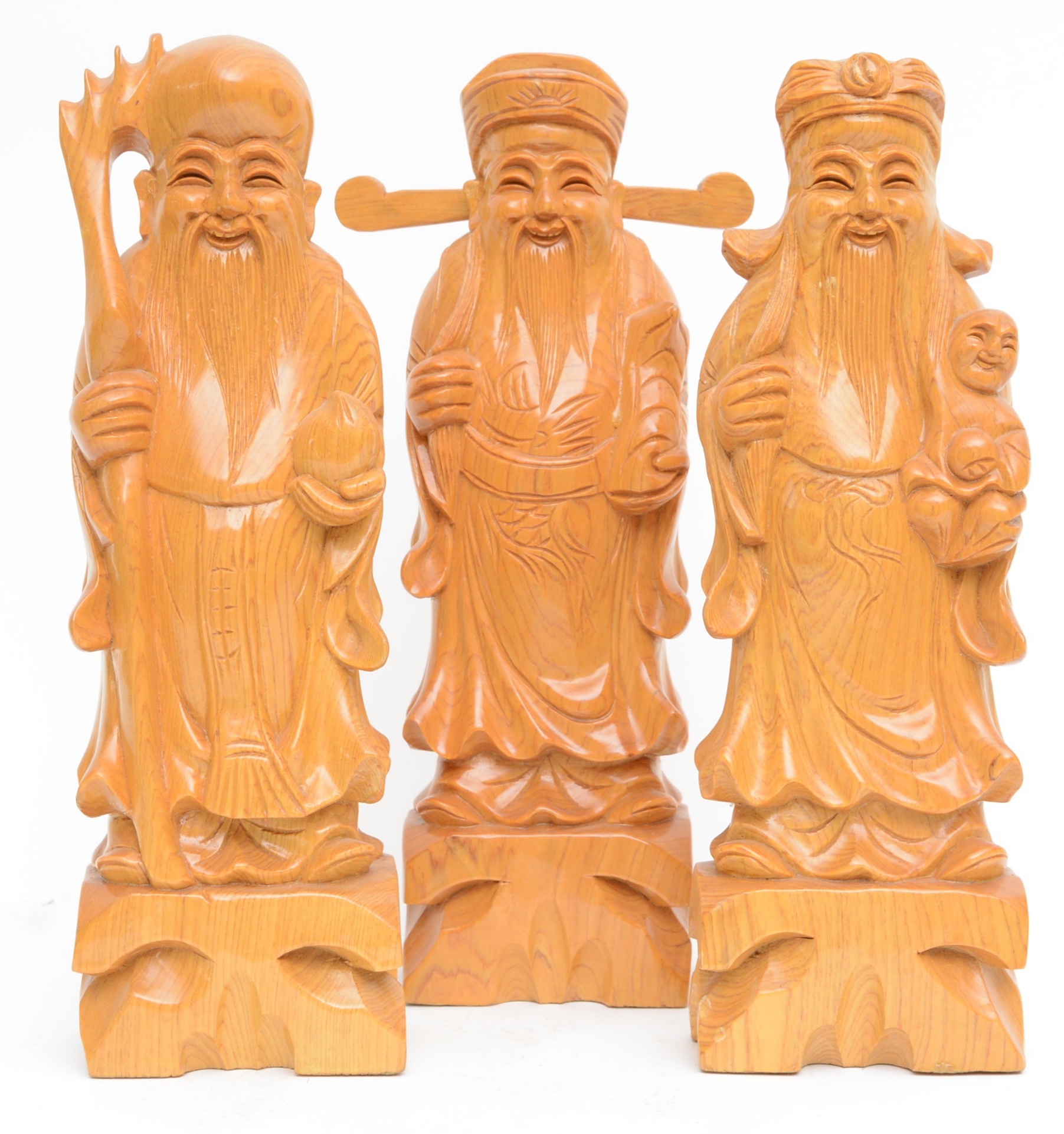 Wooden Hand Carved "Fu Lu Shou" Chinese Figurines