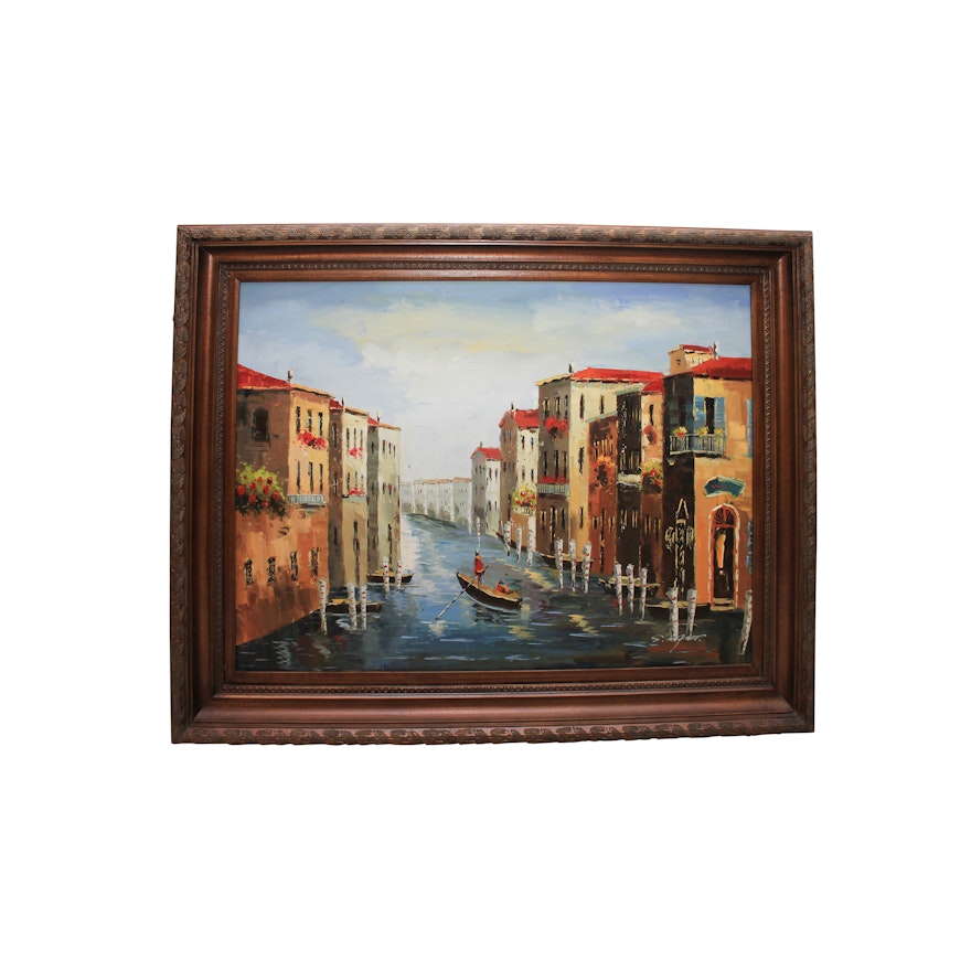 Signed Acrylic Painting of Canal Scene