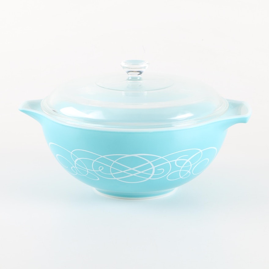 Pyrex "Turquoise Scroll" Lidded Bowl, Circa 1959