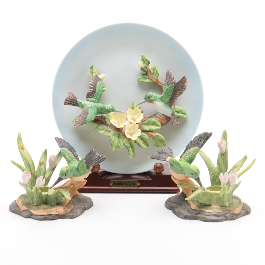 Jonathon Byron Collector's Plate and Hummingbird Figural Candleholders