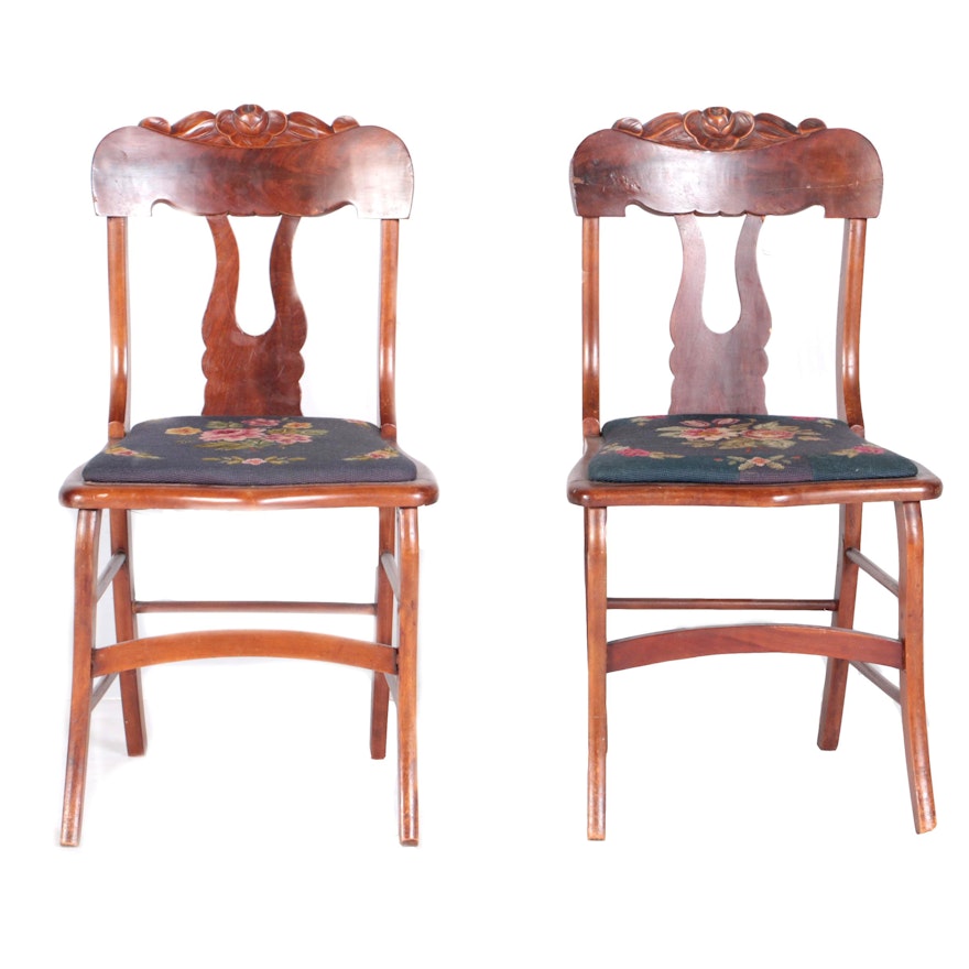 Antique Victorian Mahogany Side Chairs with Needlepoint Seat