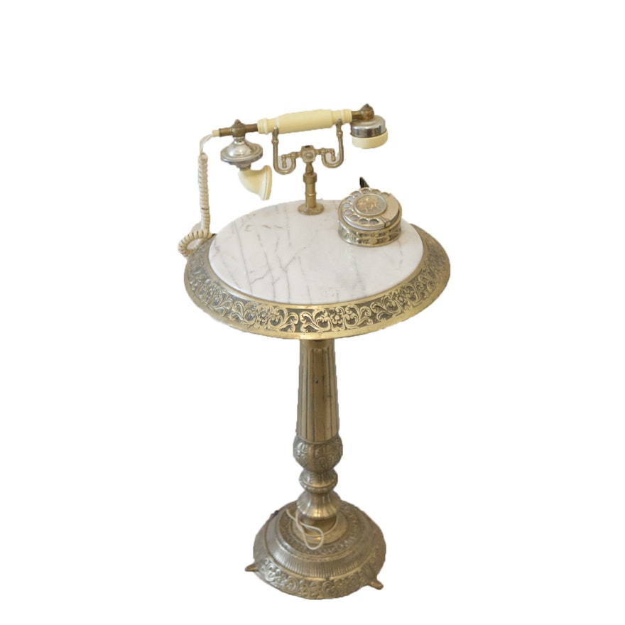 Hollywood Regency  Brass and Marble Pedestal Phone Stand