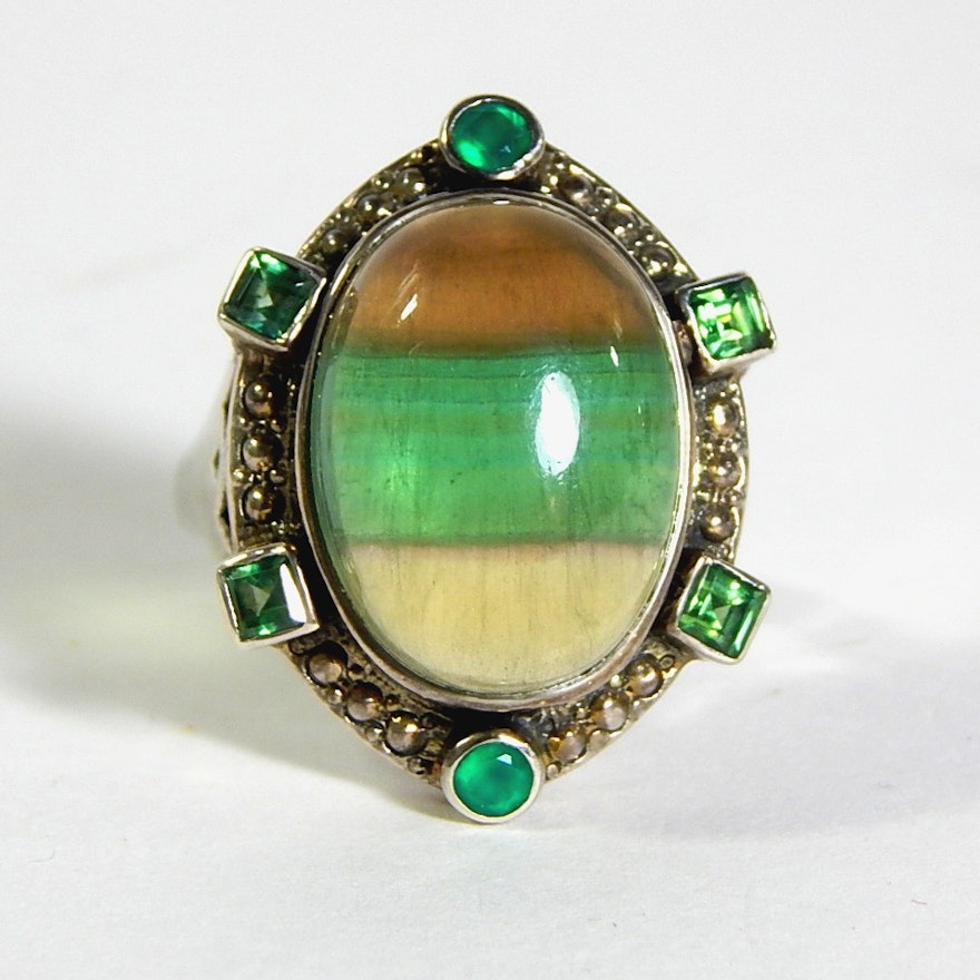 Sterling Silver Ring with Brown, Green, and Tan Striped Glass Stone.