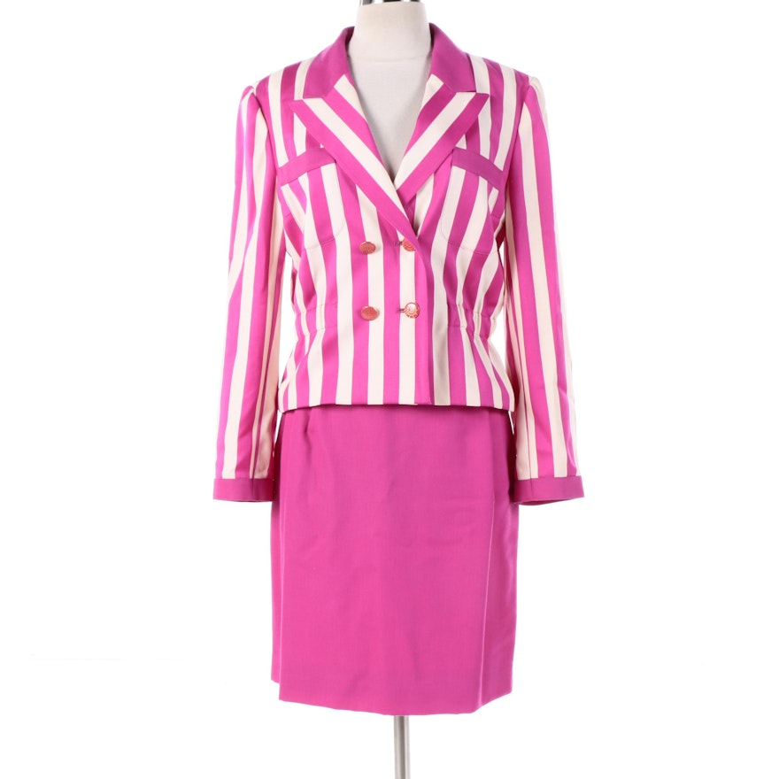 Louis Féraud Fuchsia and White Double-Breasted Skirt Suit