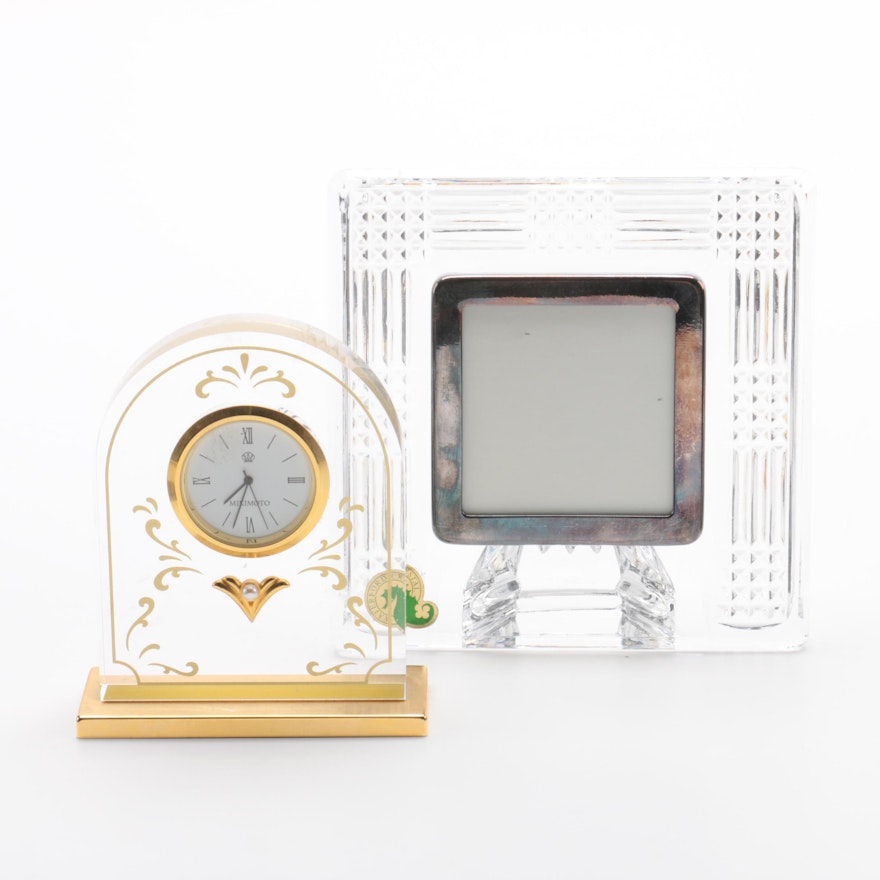 Waterford Crystal Frame with Mikimoto Glass and Gilt Mantel Clock