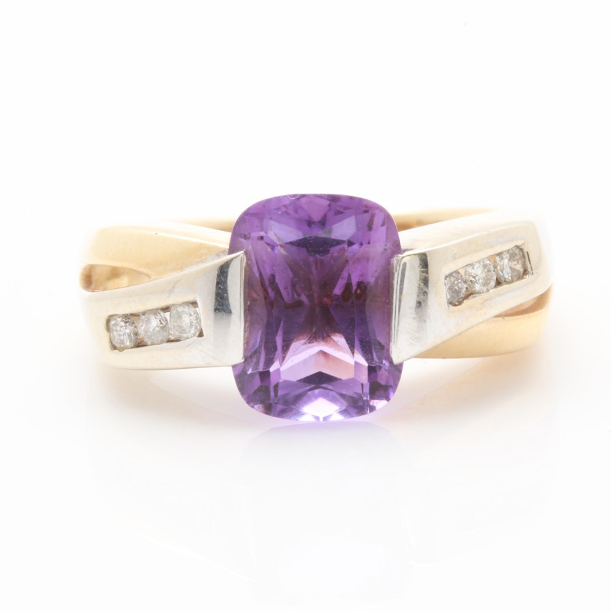 14K Yellow Gold Amethyst and Diamond Ring with 14K White Gold Accents