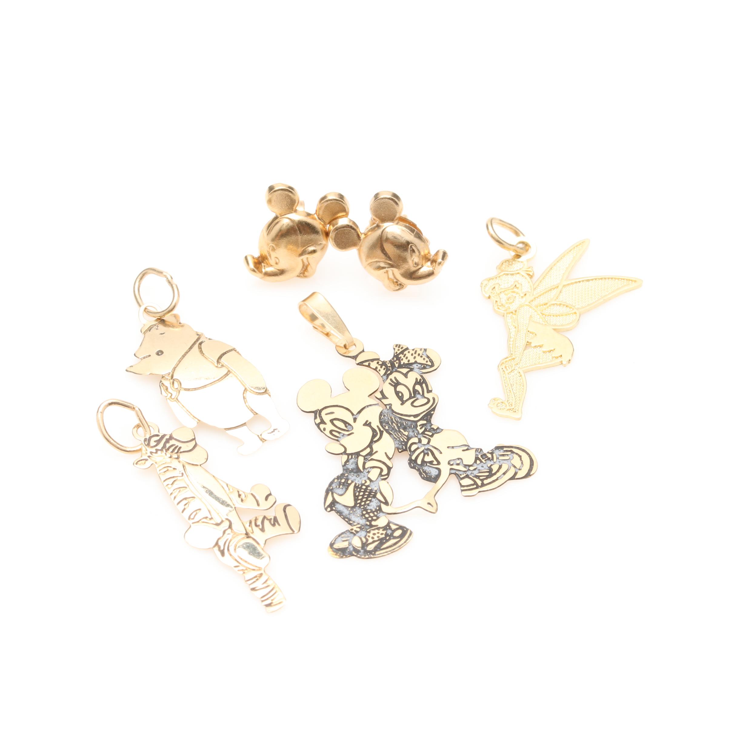 14K Yellow Gold Disney Charms, Pendant, and Earrings Including Tinkerbell