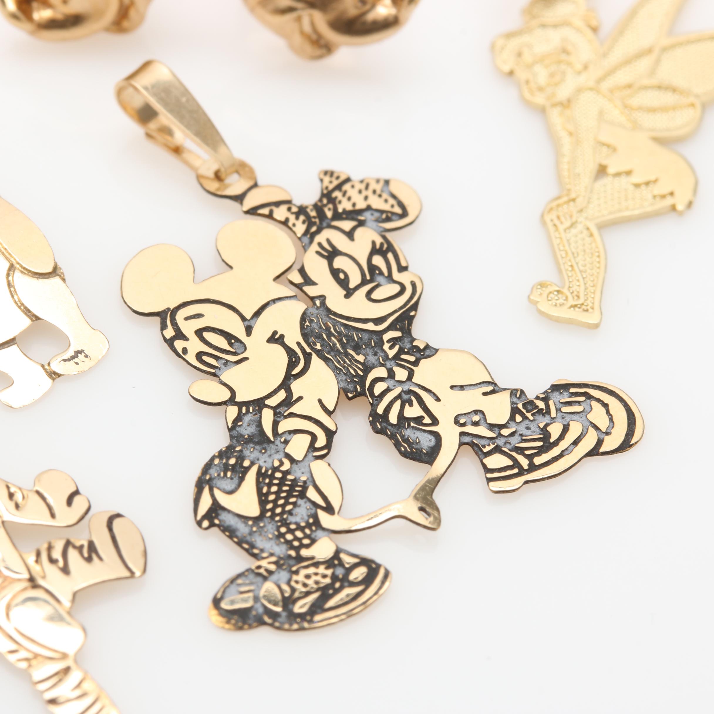 14K Yellow Gold Disney Charms, Pendant, and Earrings Including Tinkerbell