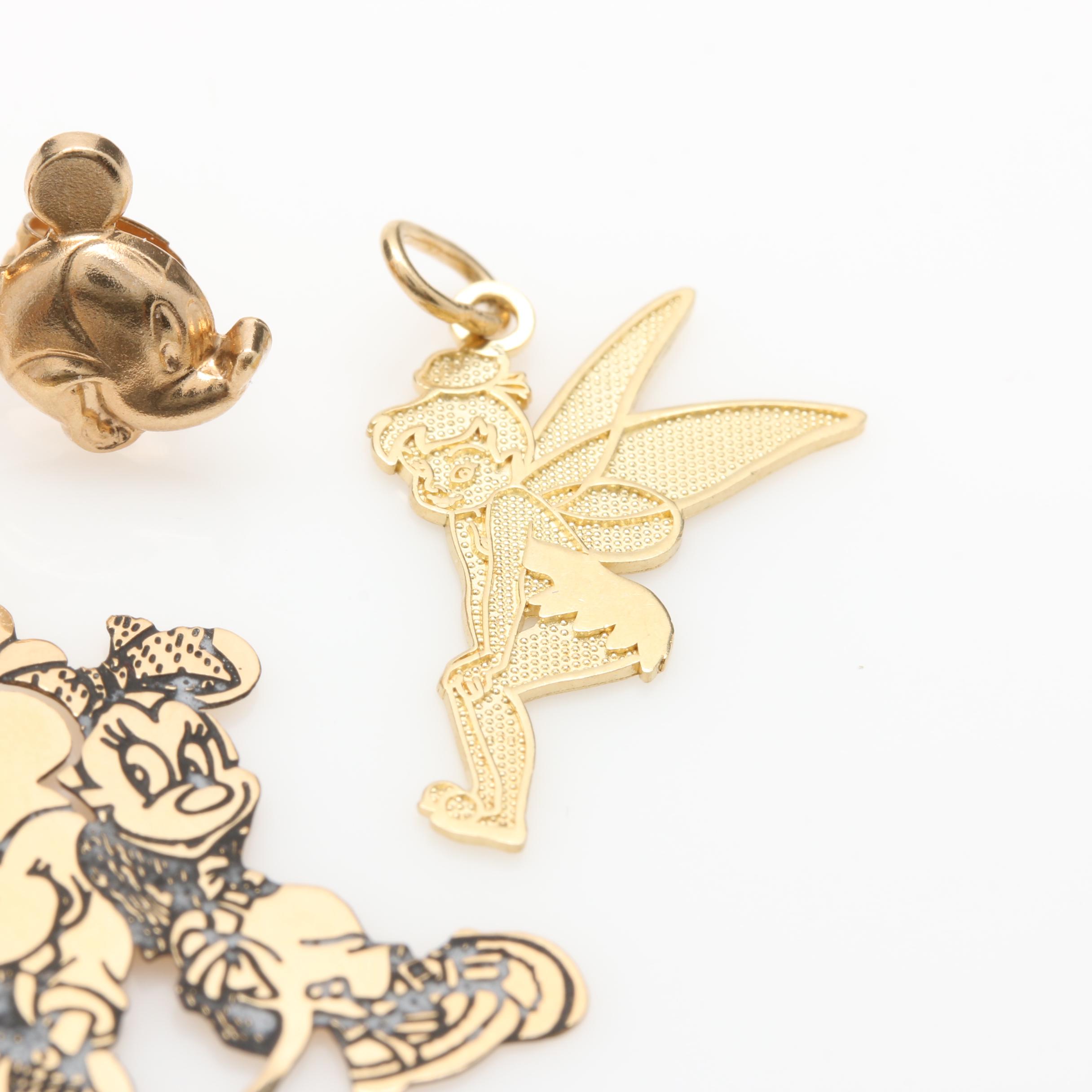 14K Yellow Gold Disney Charms, Pendant, and Earrings Including Tinkerbell