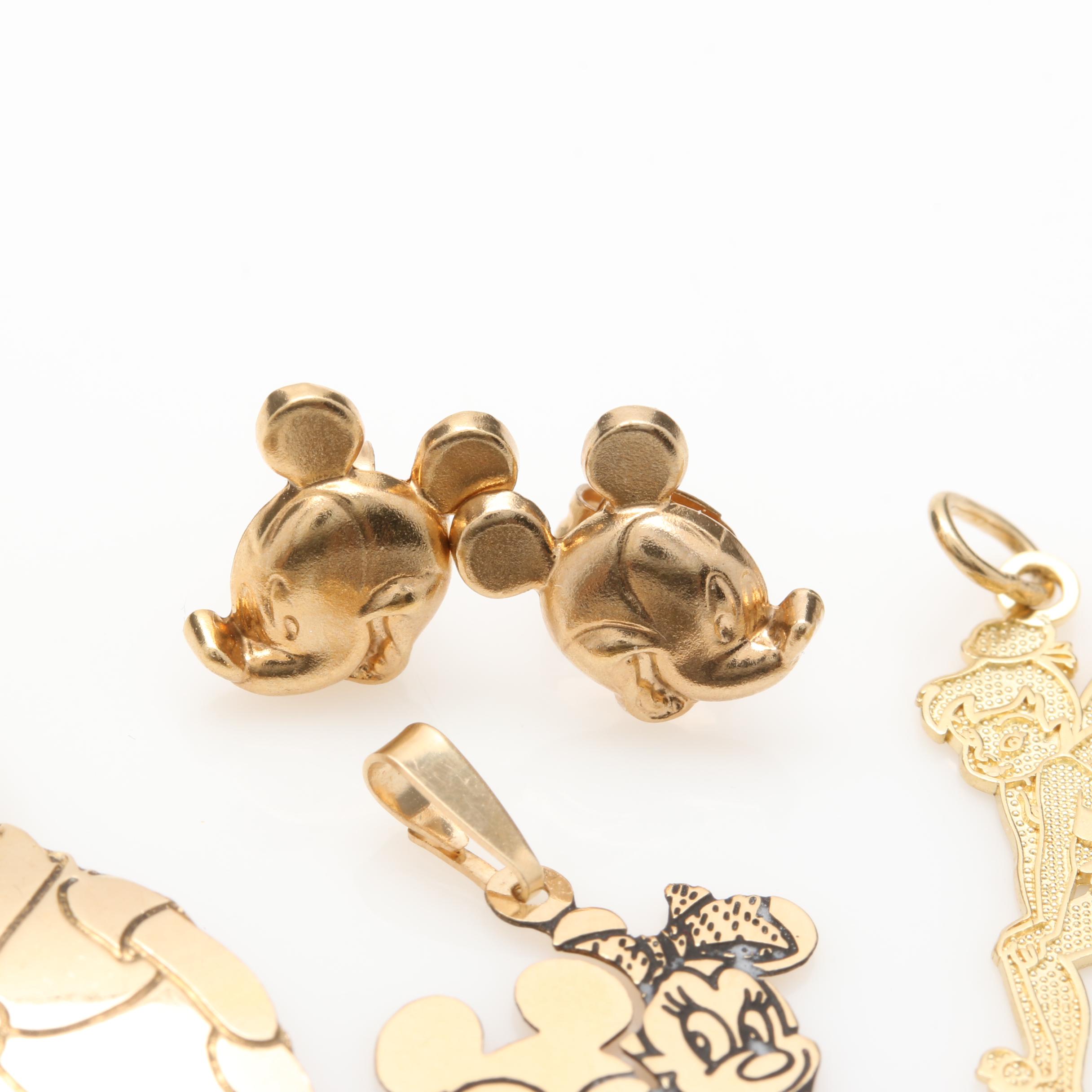 14K Yellow Gold Disney Charms, Pendant, and Earrings Including Tinkerbell