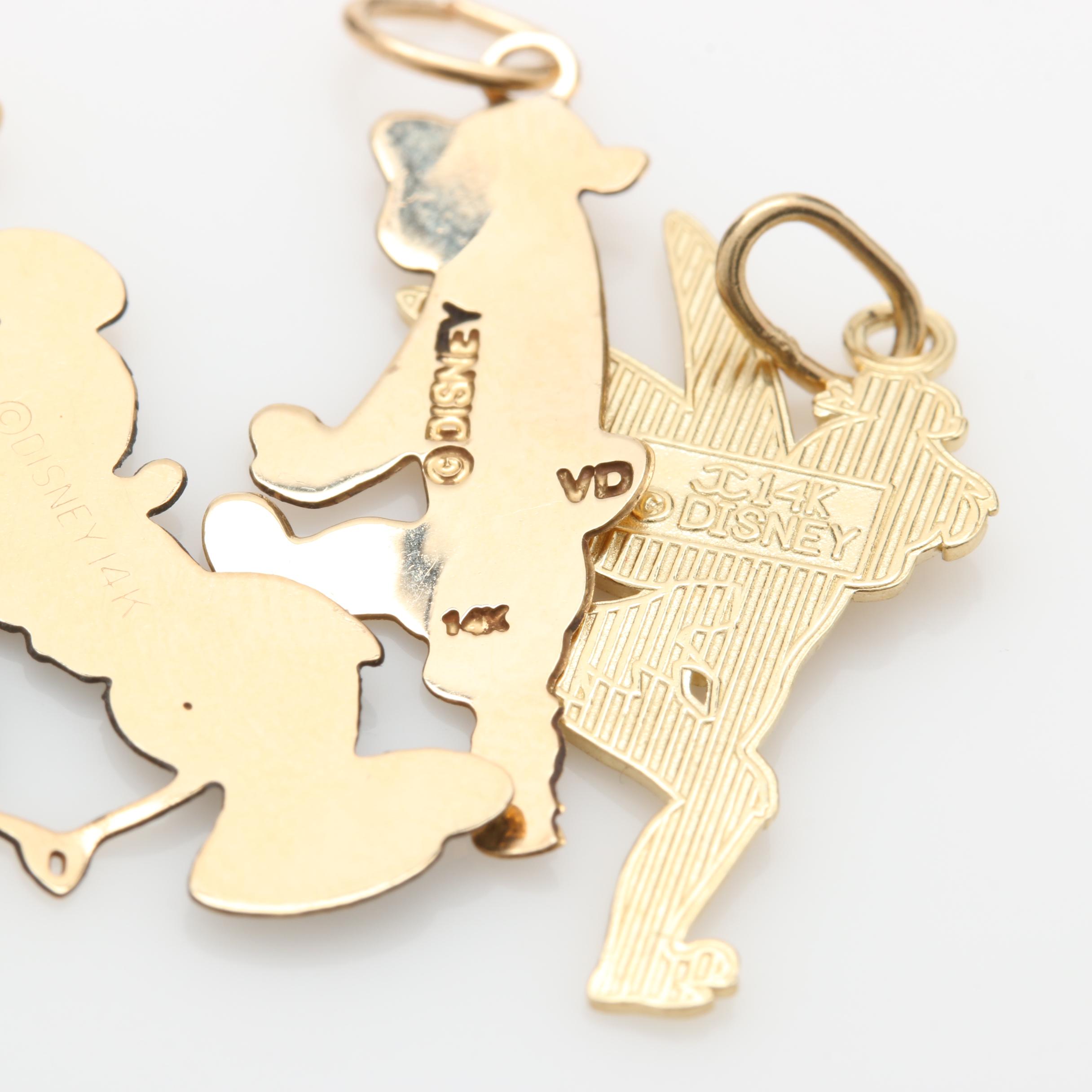 14K Yellow Gold Disney Charms, Pendant, and Earrings Including Tinkerbell