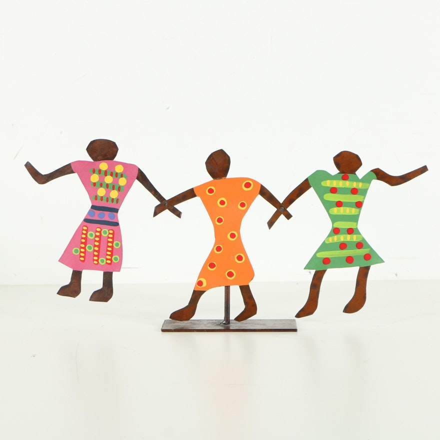 Signed Bill and Marsha Finks Painted Folk Art Metal Sculpture "3 Girls"