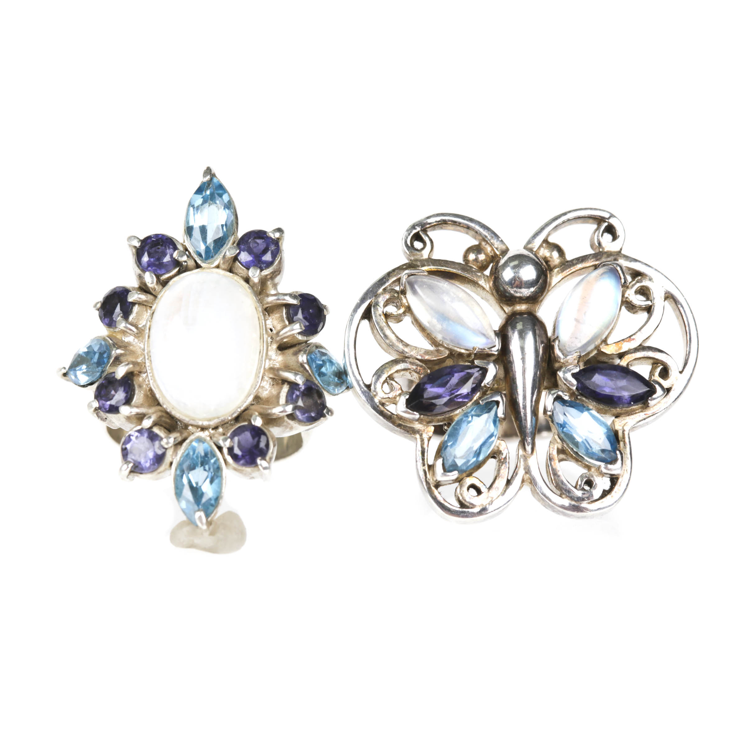 Sterling Silver and 900 Silver Moonstone, Blue Topaz, and Amethyst Rings
