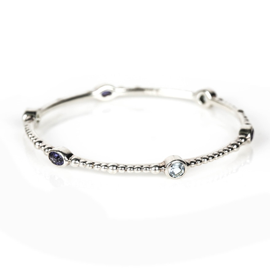 T & B Sterling Silver Blue Topaz and Amethyst Bangle