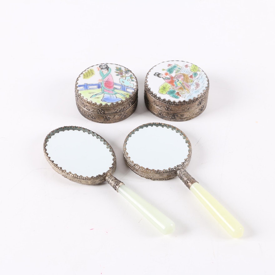 Chinese Serpentine-Handled Hand Mirrors with Metal and Ceramic Trinket Boxes