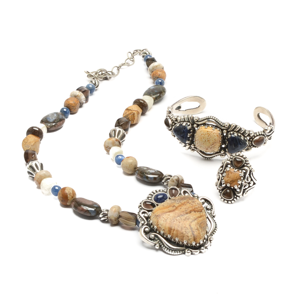 Carolyn Pollack Sterling Silver Necklace and Bracelet Set with Ring