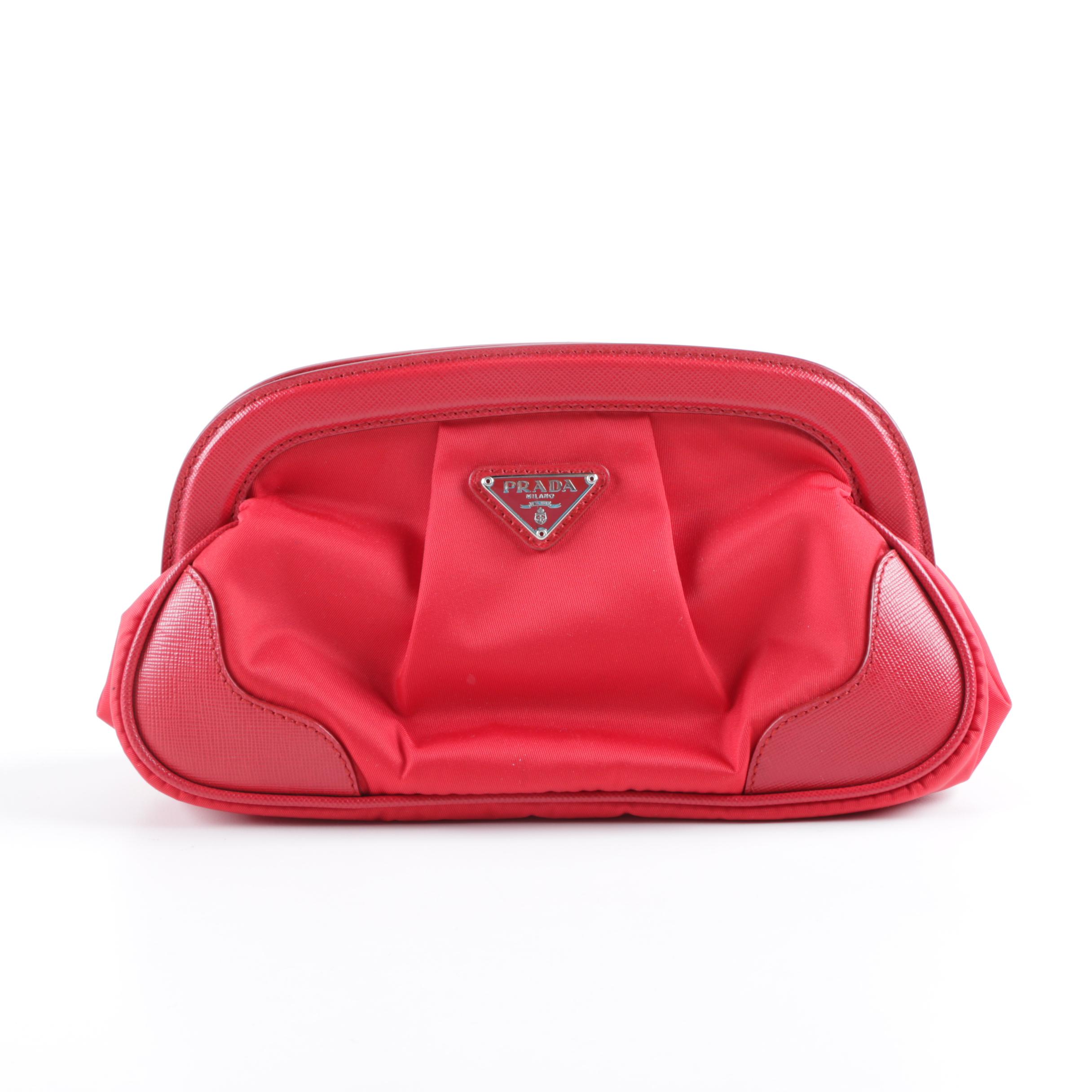 Prada Milano Red Nylon and Saffiano Leather Clutch