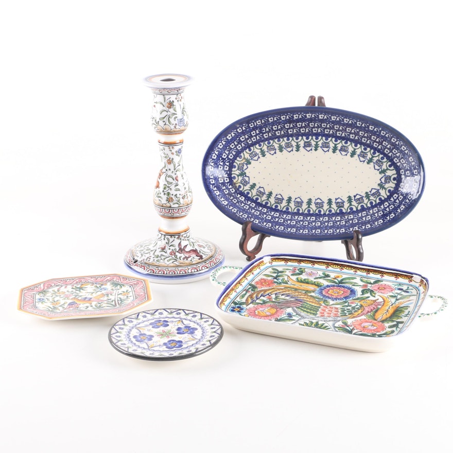 Hand-Painted Majolica Platters, Vessels, and a Candlestick