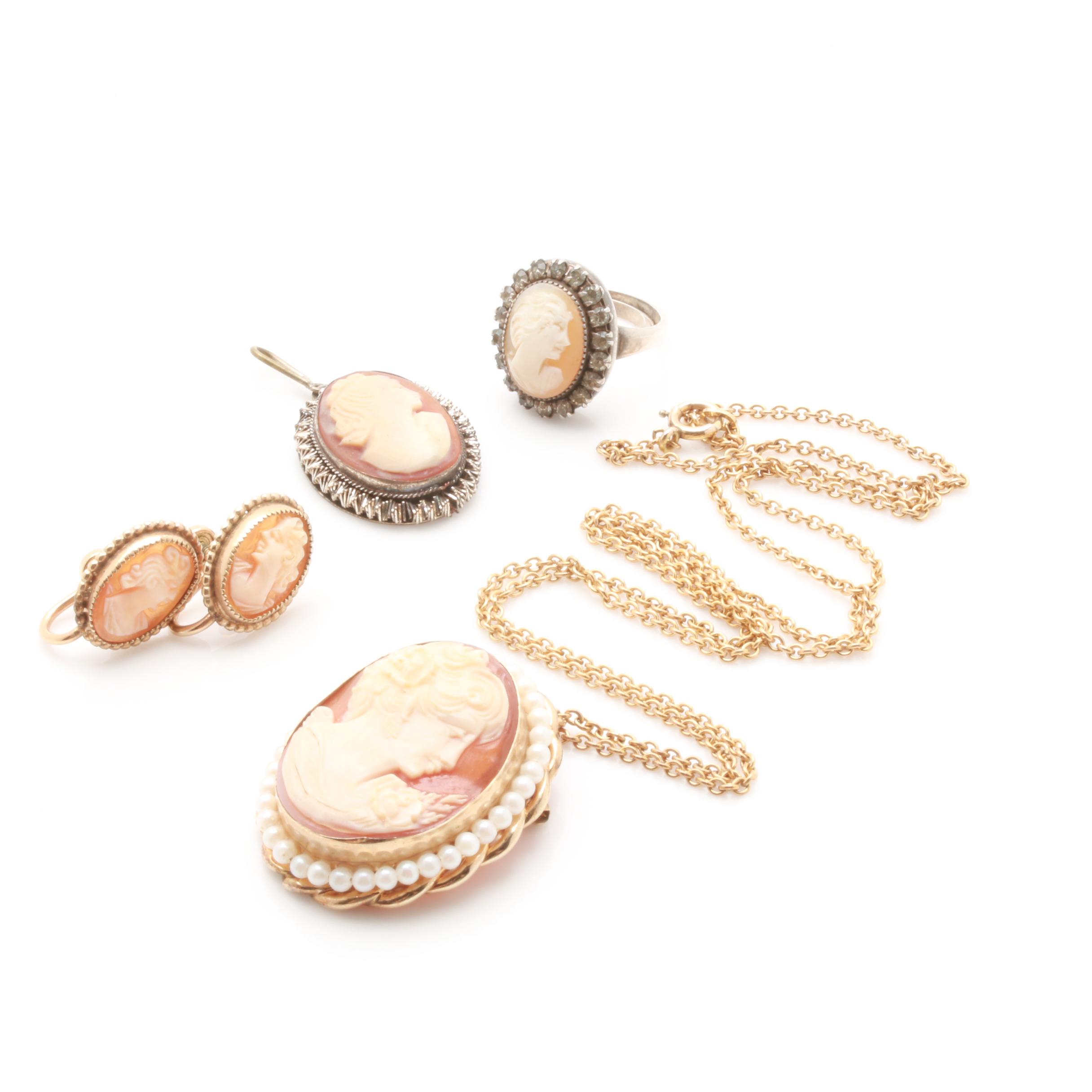 Cameo Jewelry Collection Including Sterling Silver and Carved Helmet Shell