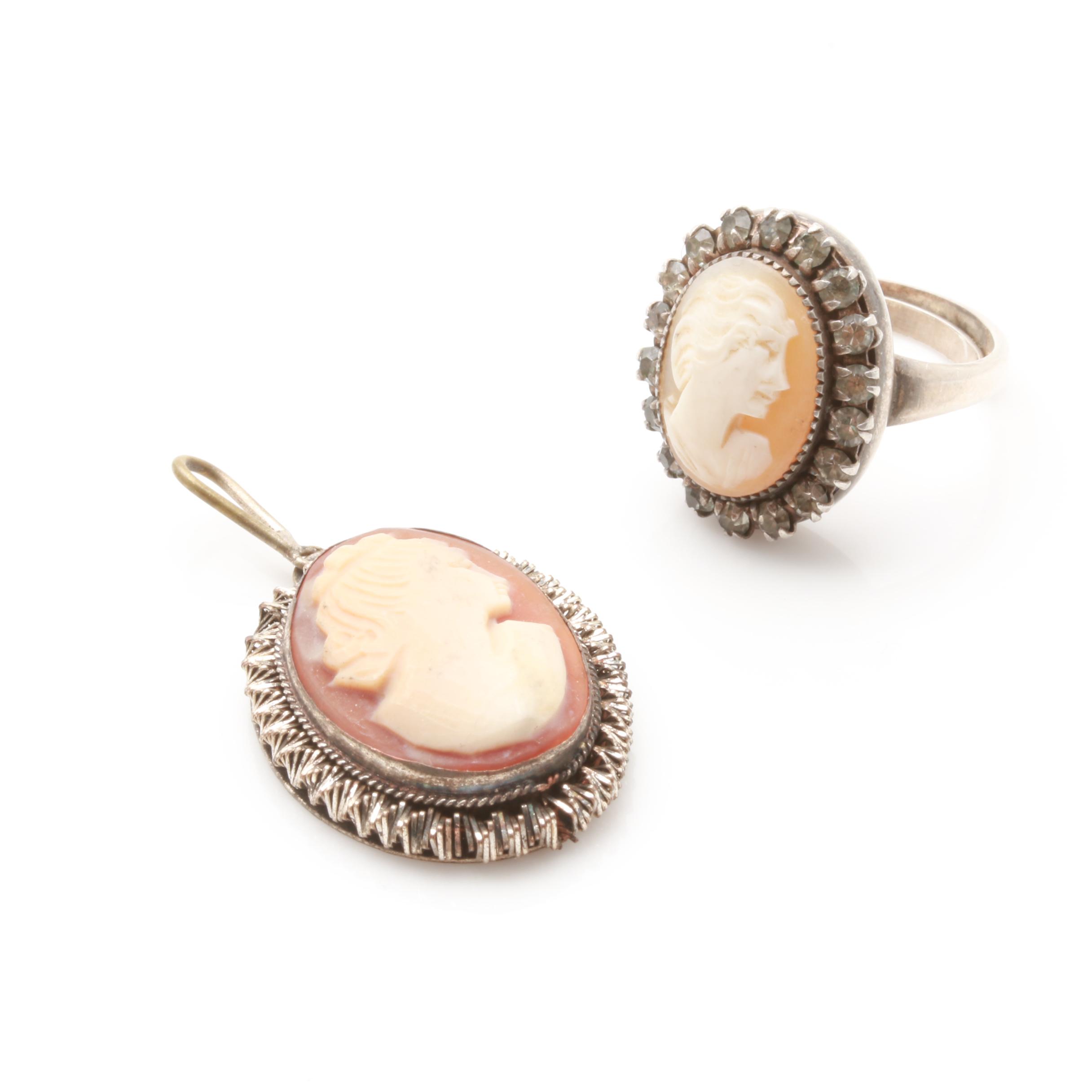 Cameo Jewelry Collection Including Sterling Silver and Carved Helmet Shell