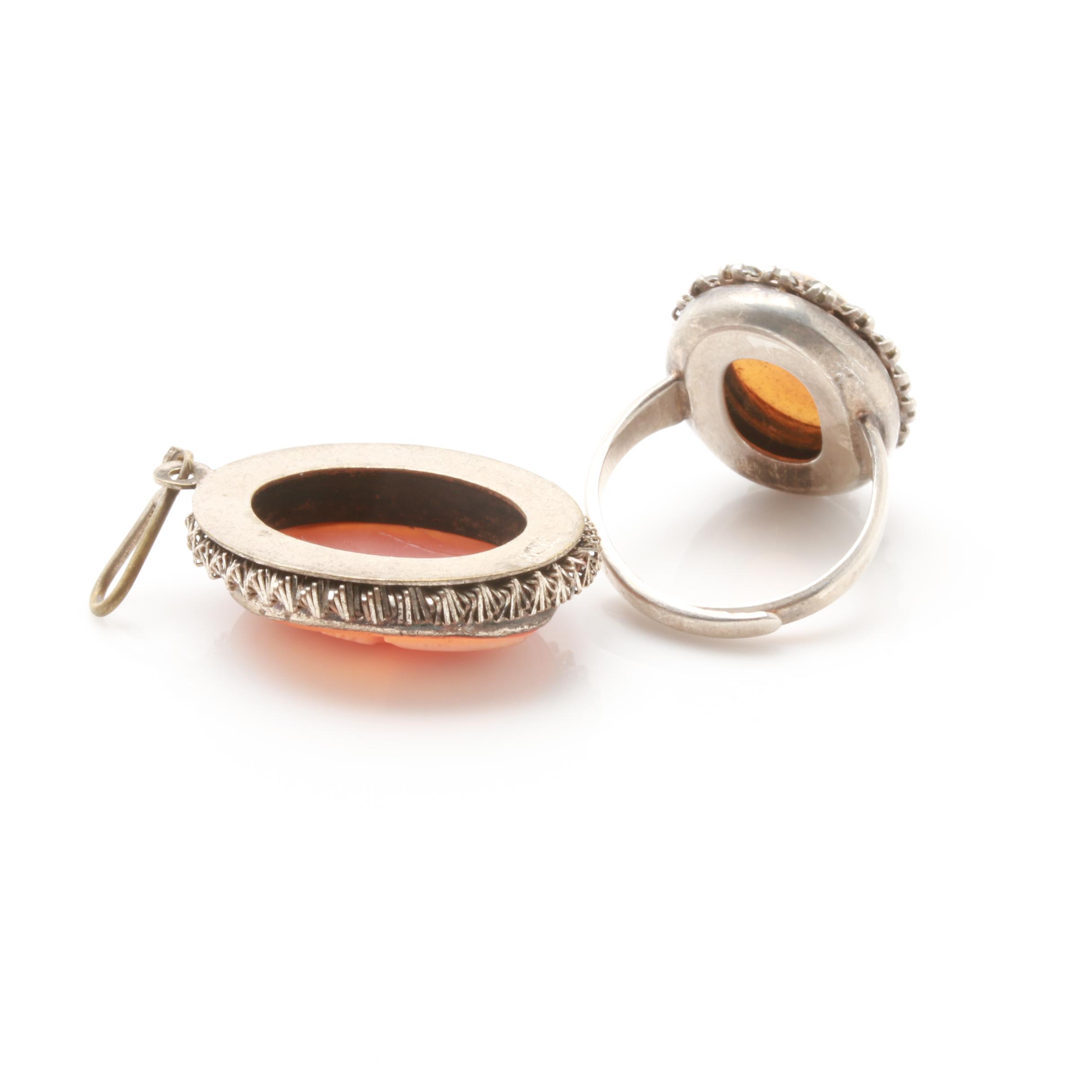 Cameo Jewelry Collection Including Sterling Silver and Carved Helmet Shell