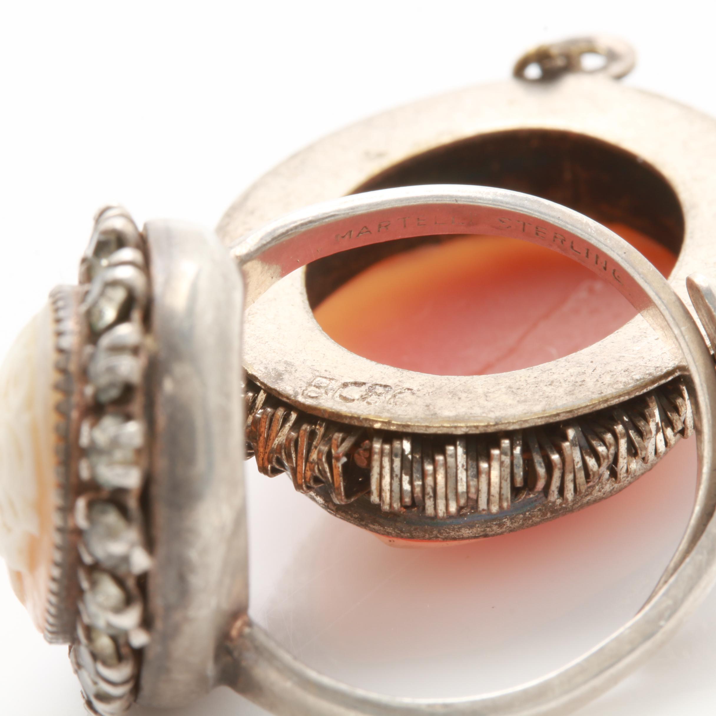 Cameo Jewelry Collection Including Sterling Silver and Carved Helmet Shell