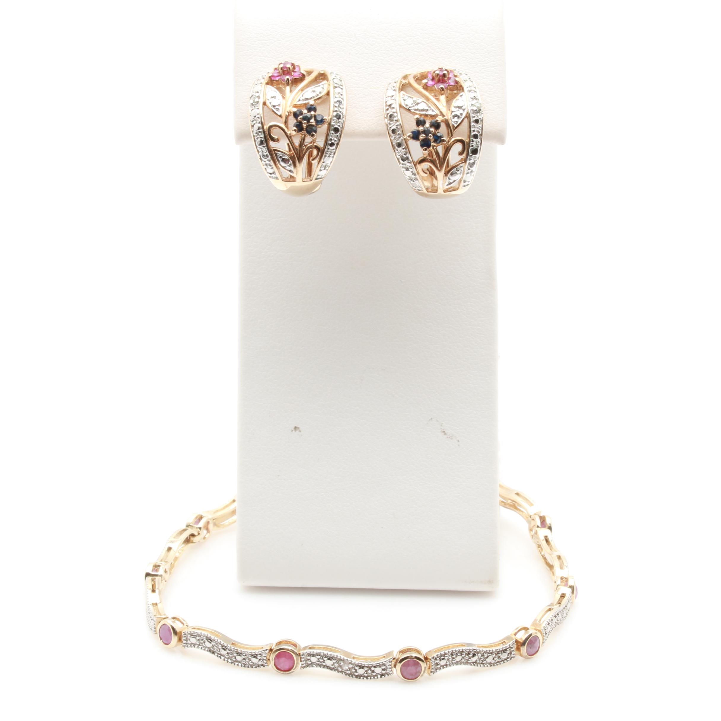 Gold Wash on Sterling Silver Ruby, Sapphire and Diamond Bracelet and Earrings