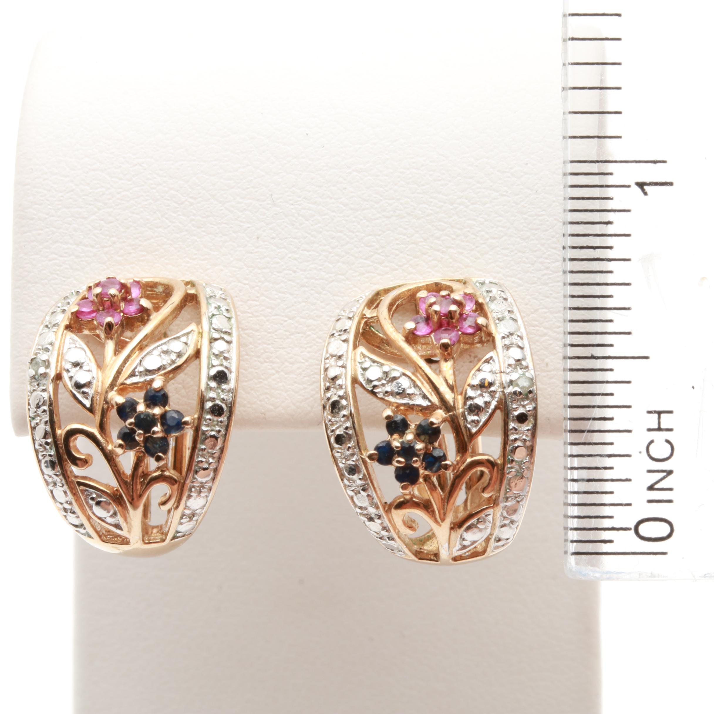 Gold Wash on Sterling Silver Ruby, Sapphire and Diamond Bracelet and Earrings