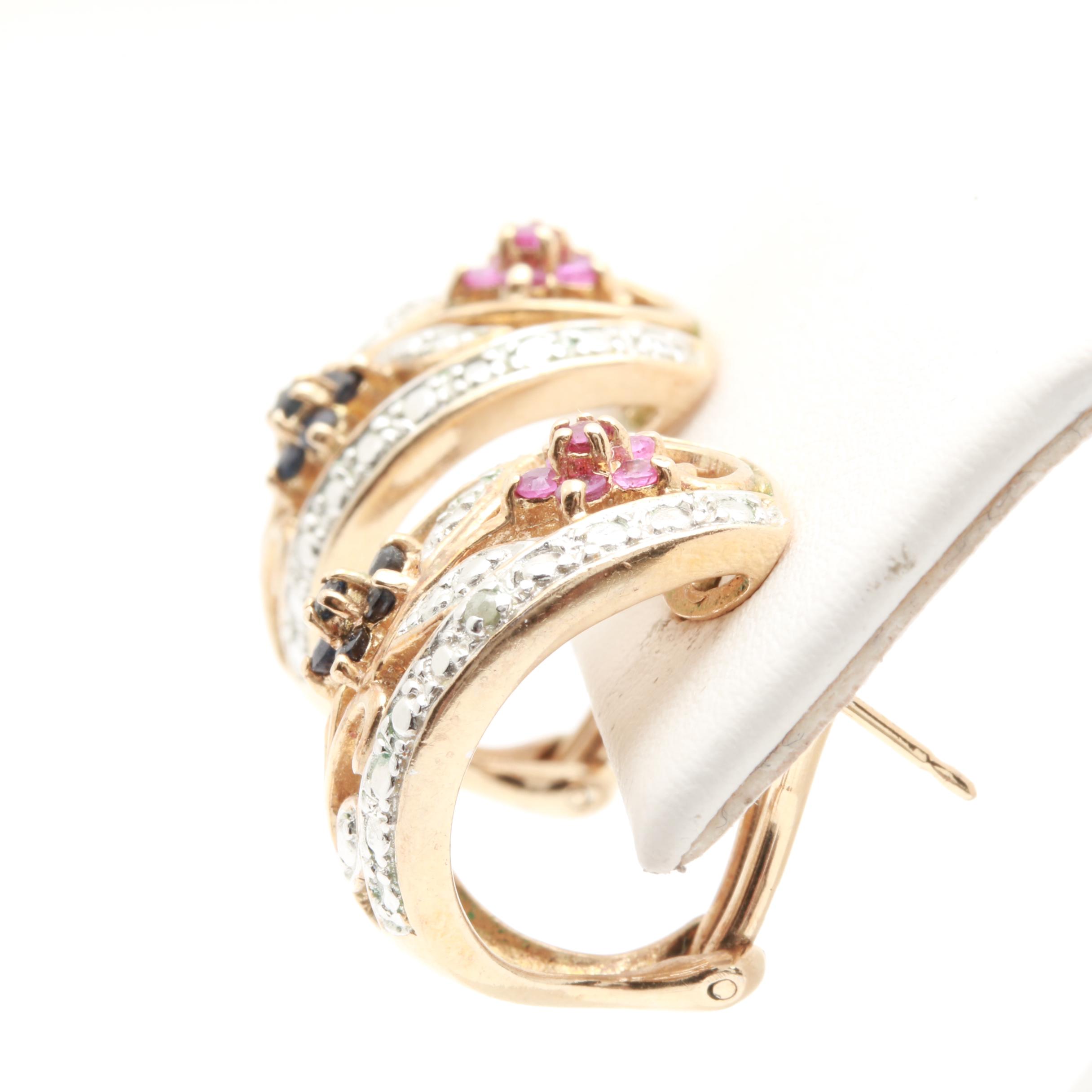 Gold Wash on Sterling Silver Ruby, Sapphire and Diamond Bracelet and Earrings