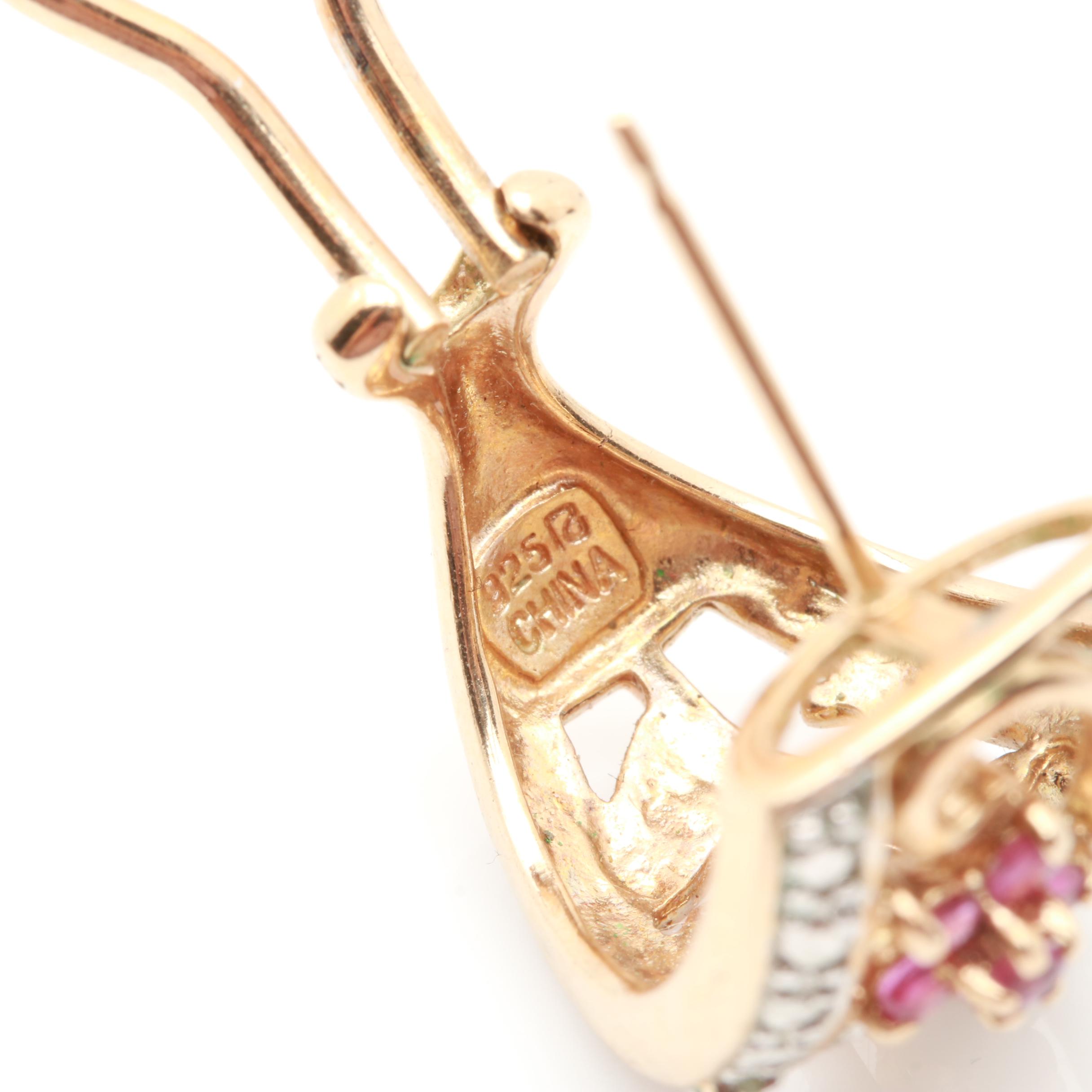 Gold Wash on Sterling Silver Ruby, Sapphire and Diamond Bracelet and Earrings