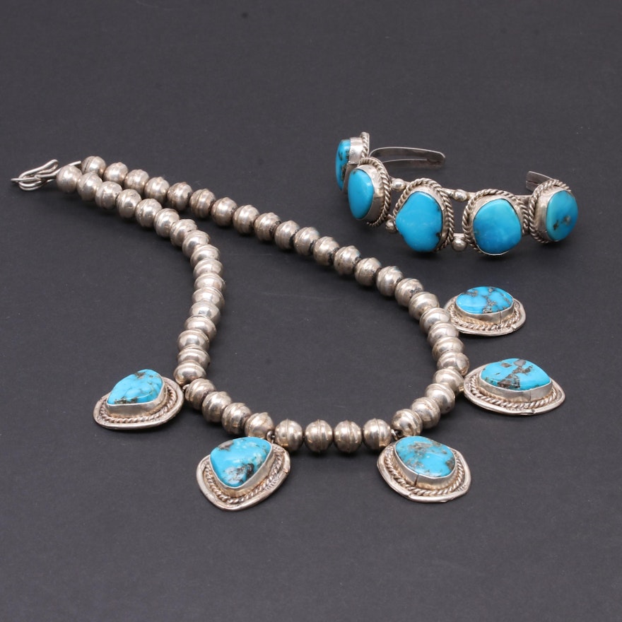 Southwestern Style Sterling Silver Stabilized Turquoise Bracelet and Necklace