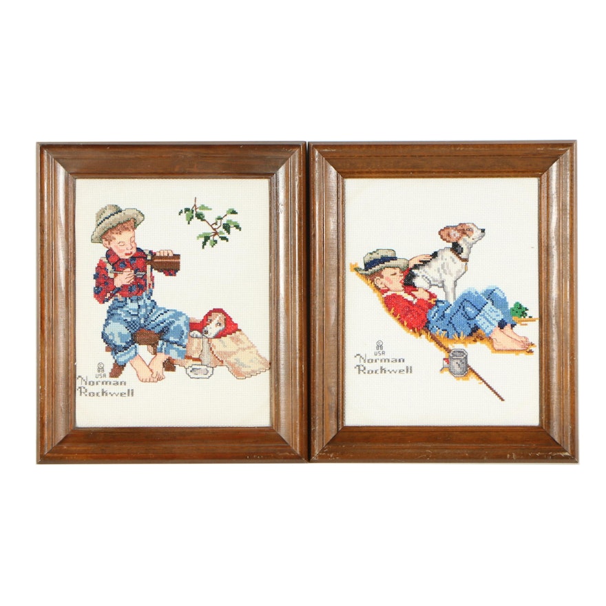 Cross-Stitch Embroideries After Norman Rockwell's "A Boy and His Dog" Series