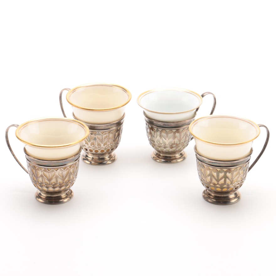 Lenox Porcelain Demitasse Cups with Gorham Sterling Silver Mounts