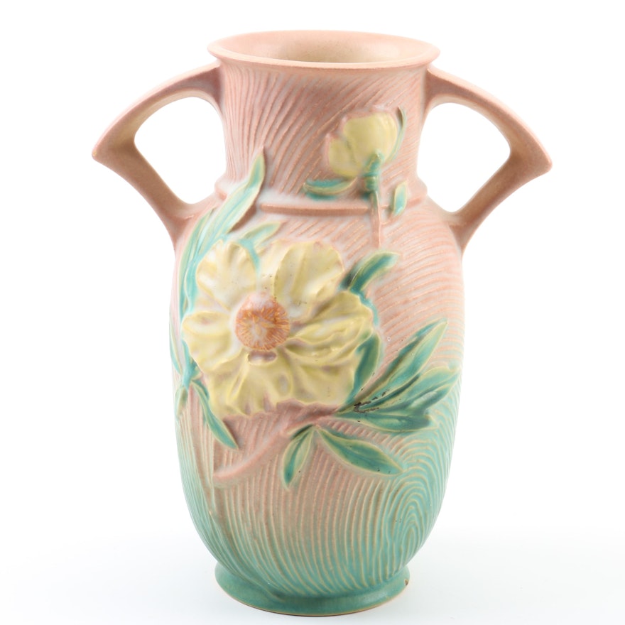 1940s Roseville Pottery "Peony" Handled Vase