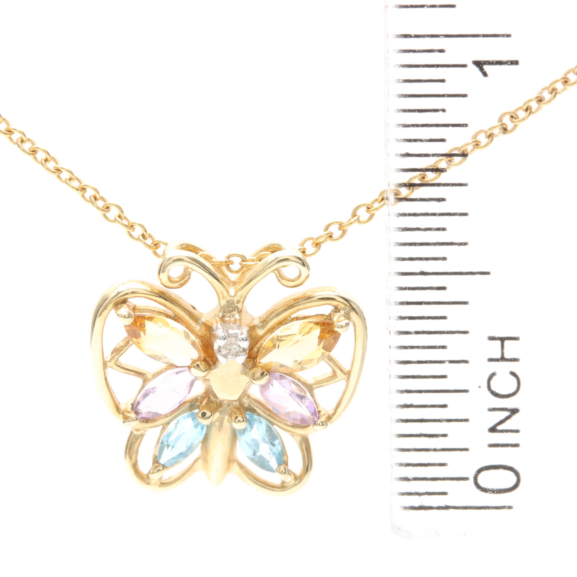 10K and 14K Yellow Gold Gemstone Butterfly Necklace