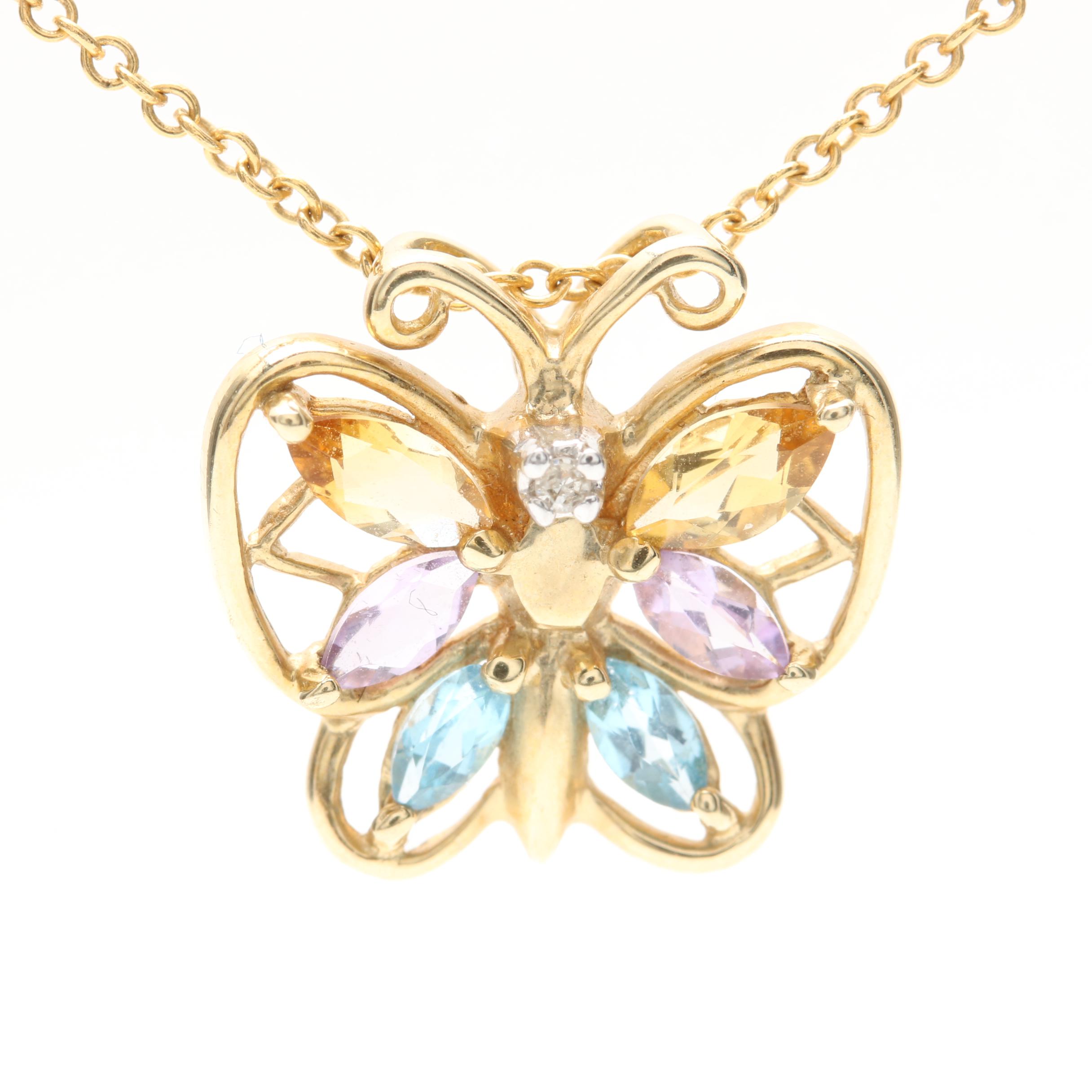 10K and 14K Yellow Gold Gemstone Butterfly Necklace
