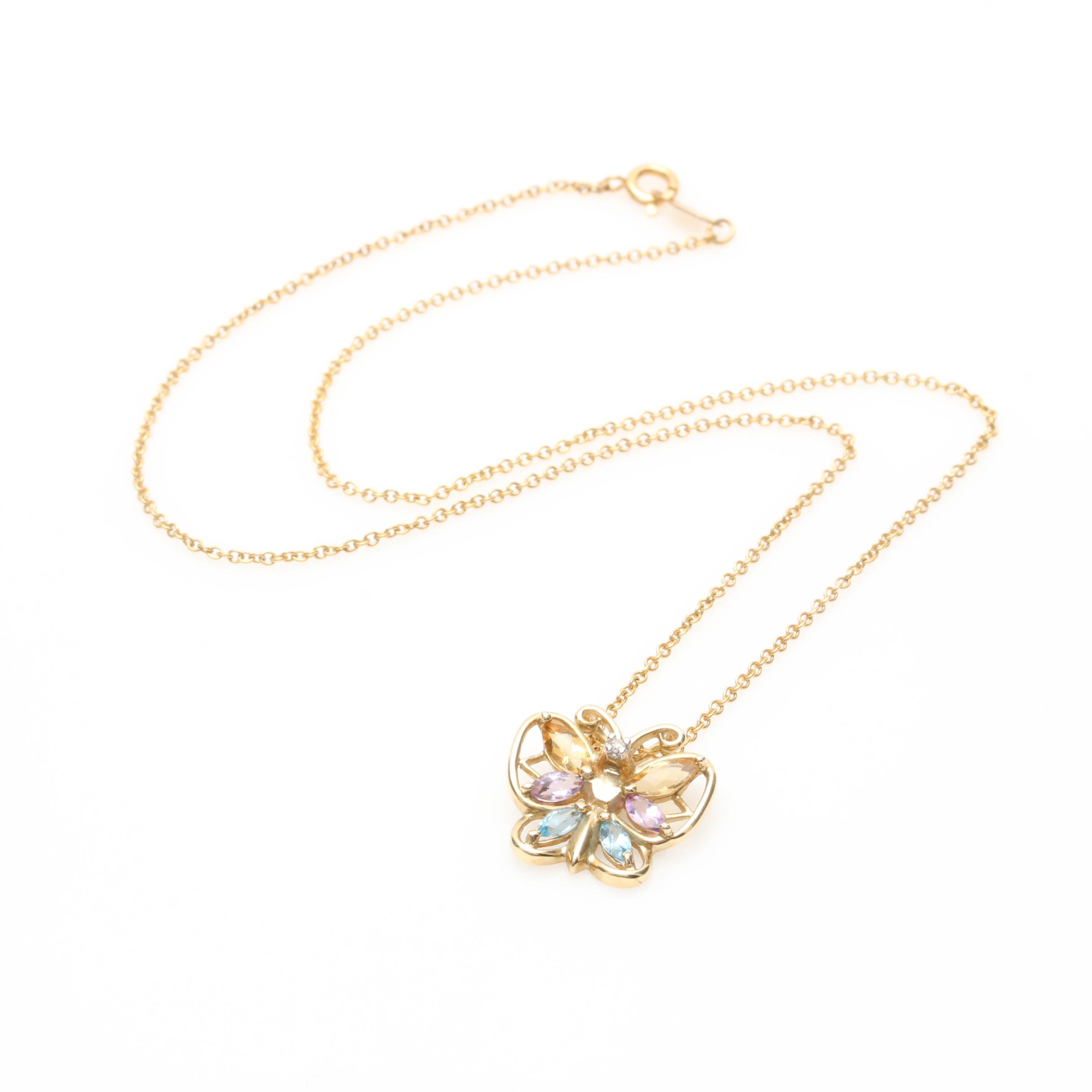 10K and 14K Yellow Gold Gemstone Butterfly Necklace