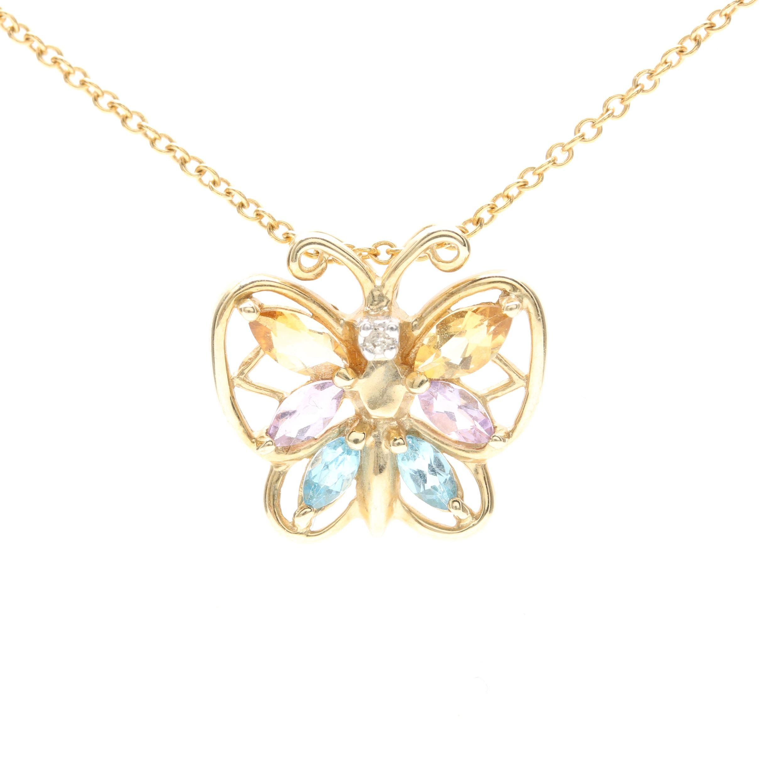 10K and 14K Yellow Gold Gemstone Butterfly Necklace