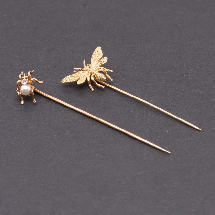 14K Yellow Gold Spider and Bee Stick Pins with Diamond and Imitation Pearl