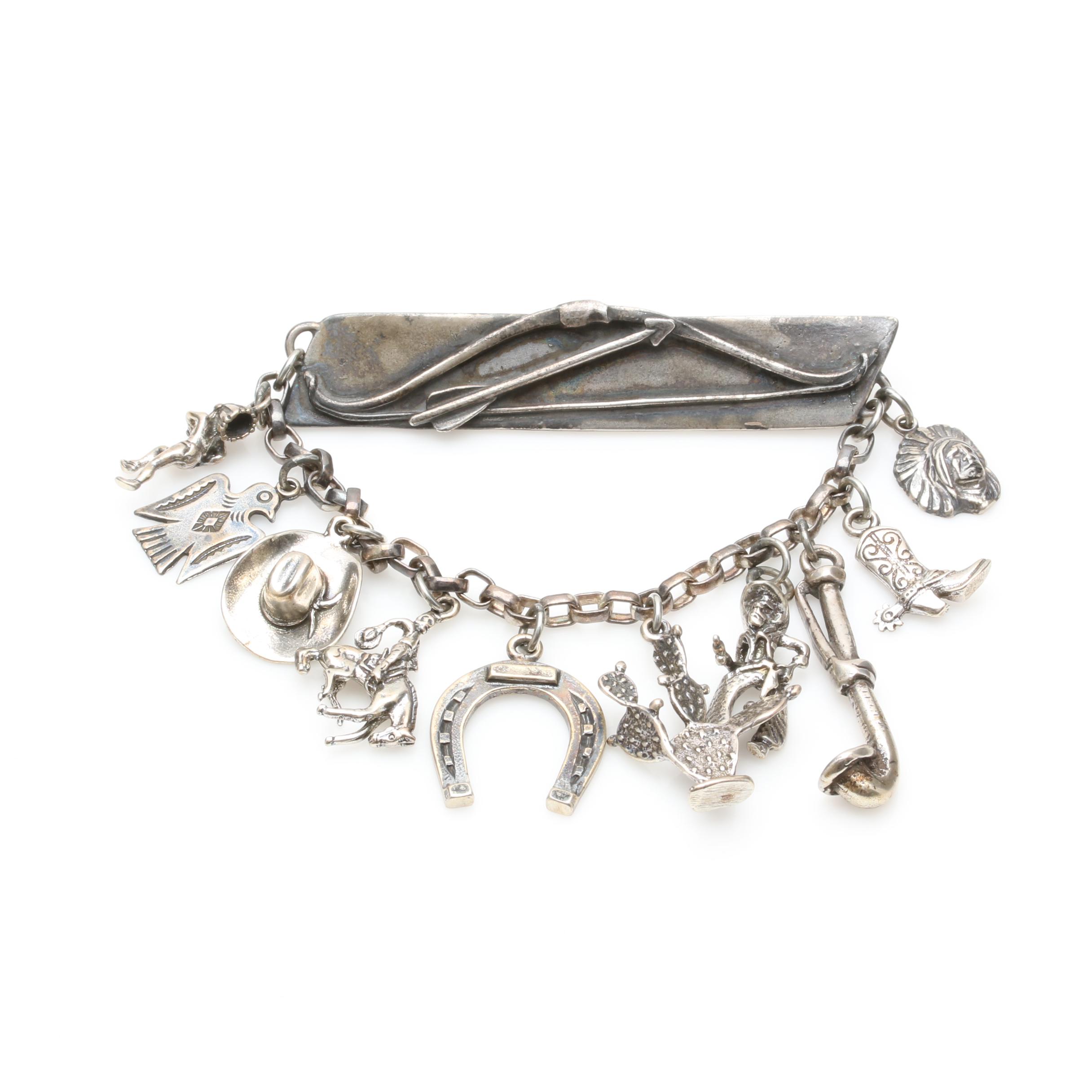 Vintage David Navarro Sterling Silver Brooch and Charm Chain