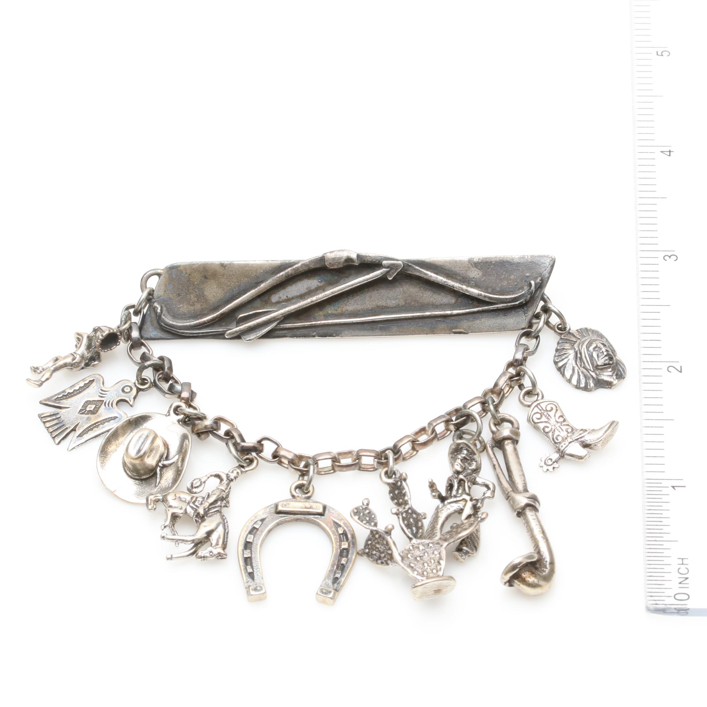 Vintage David Navarro Sterling Silver Brooch and Charm Chain