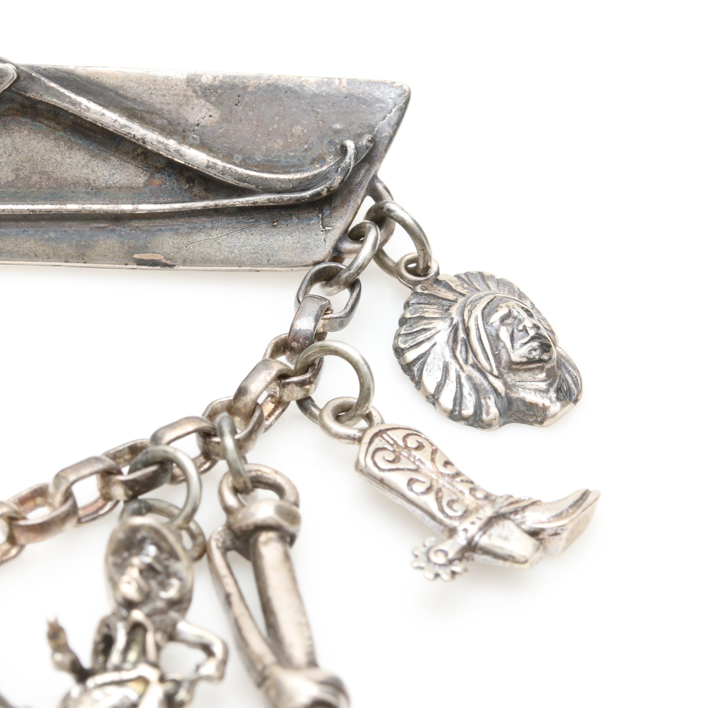 Vintage David Navarro Sterling Silver Brooch and Charm Chain