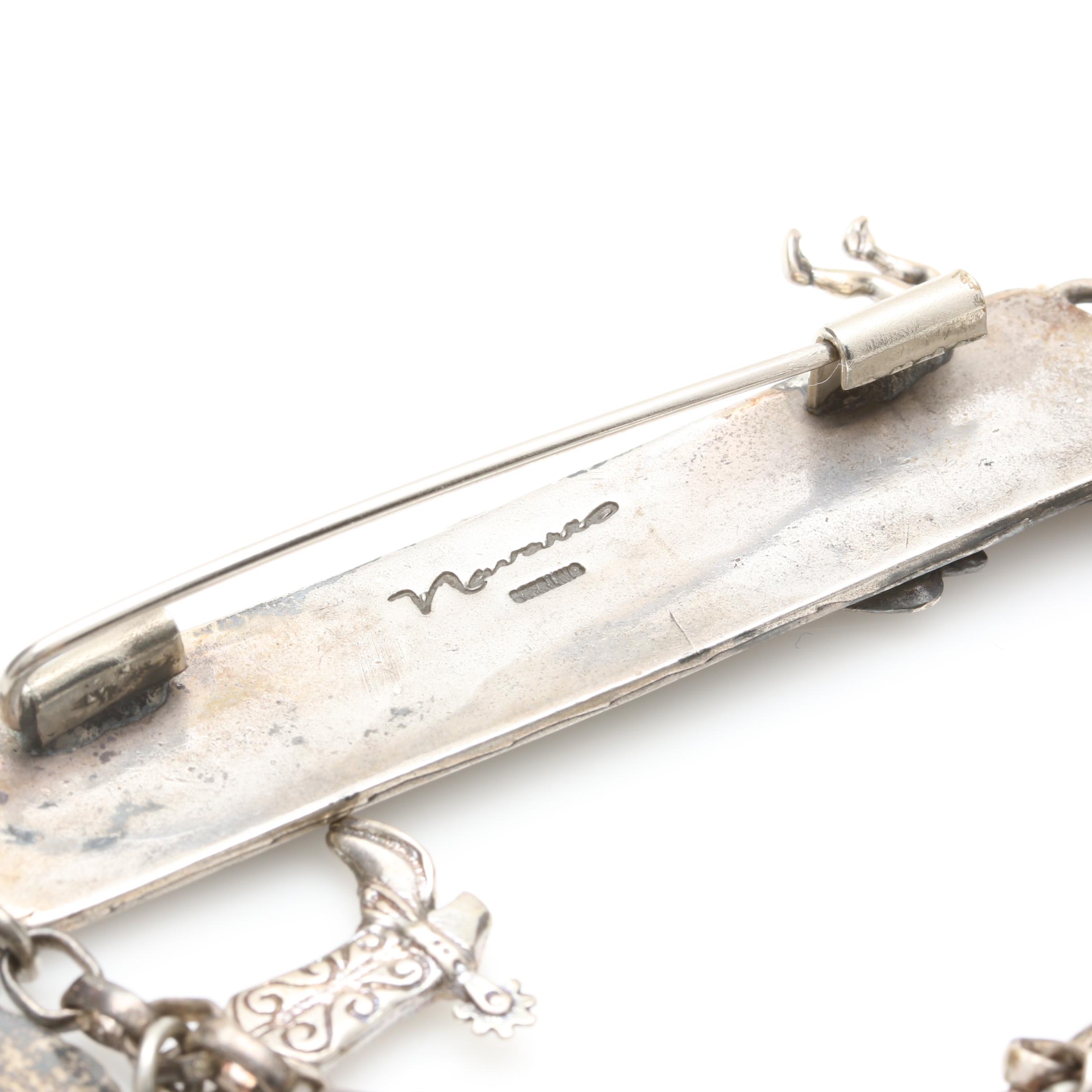 Vintage David Navarro Sterling Silver Brooch and Charm Chain