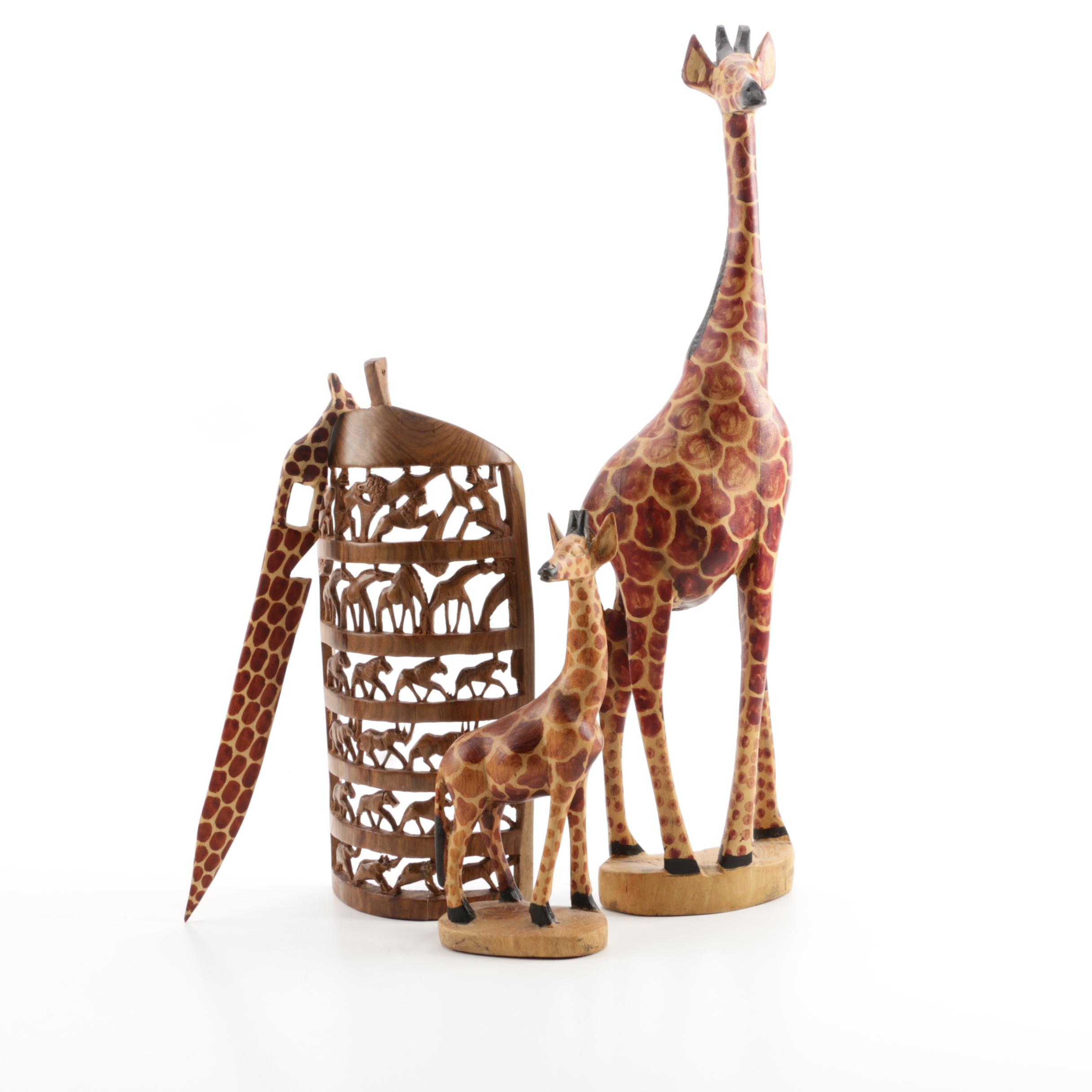 African Style Wooden Animal Figurines Including Giraffes