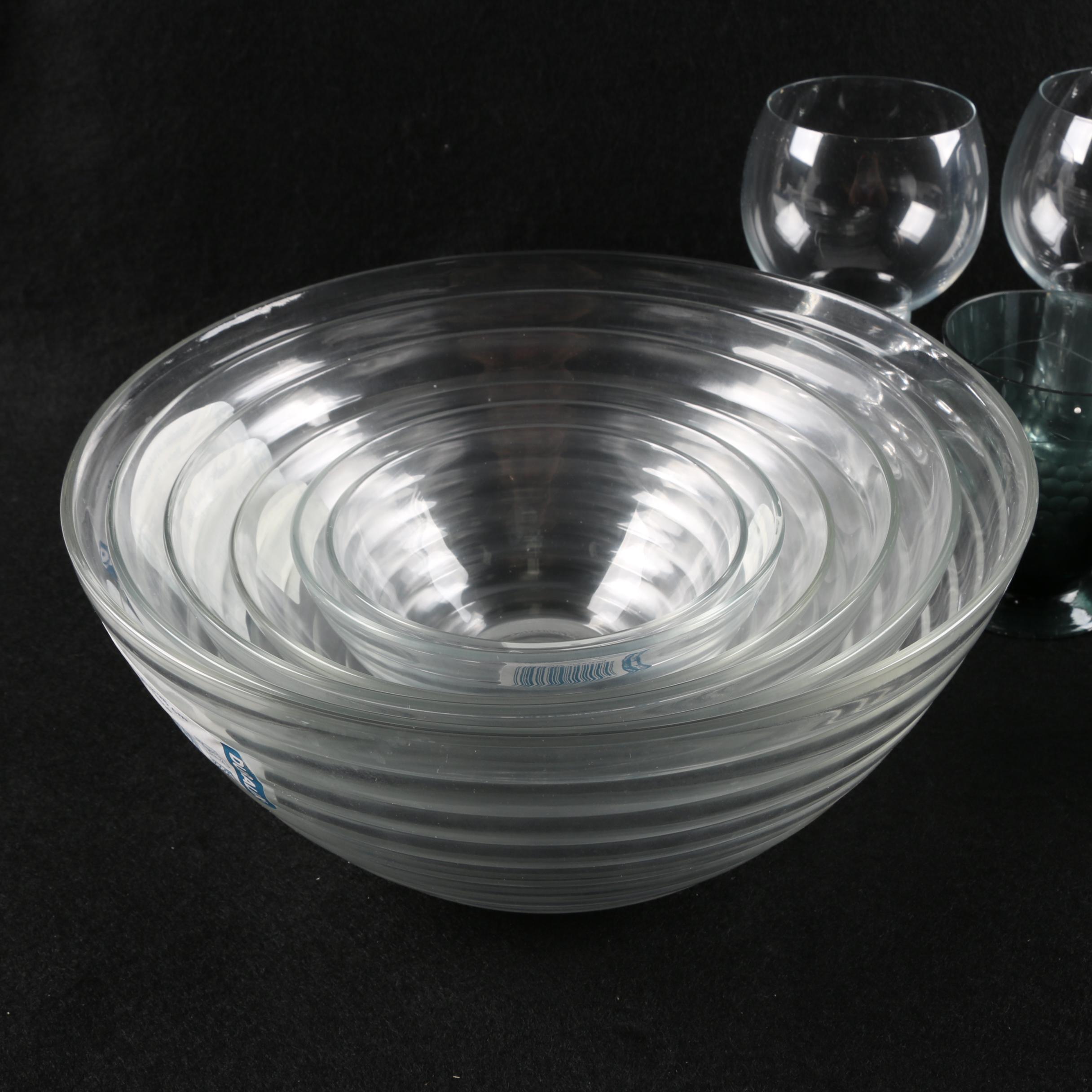 Duralex Nesting Wave Bowls with Pottery Barn Chianti Tumblers