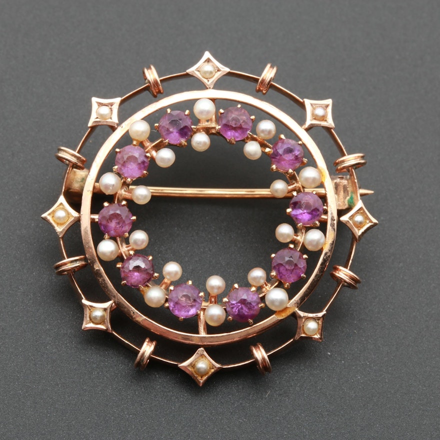 Antique 14K Yellow Gold Amethyst and Cultured Pearl Brooch