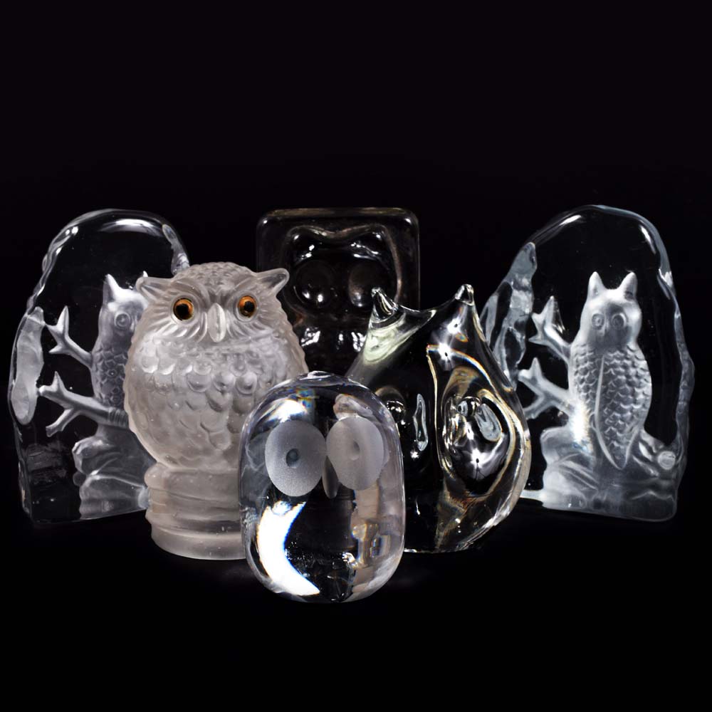 Vintage Owl Themed Art Glass Figurines including Scandinavian and Hadeland Style