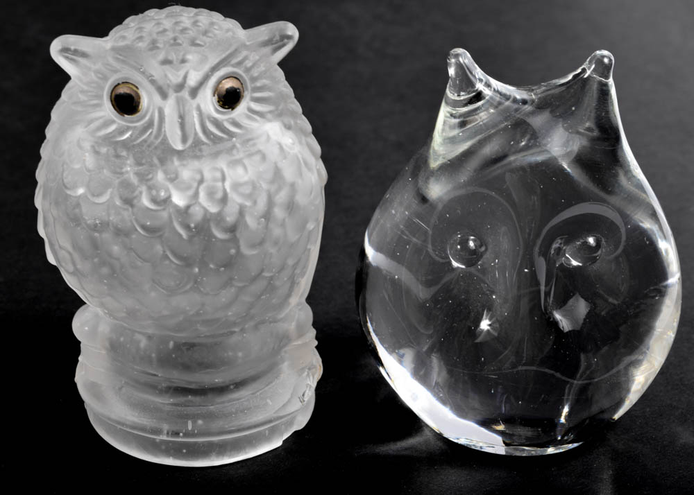 Vintage Owl Themed Art Glass Figurines including Scandinavian and Hadeland Style