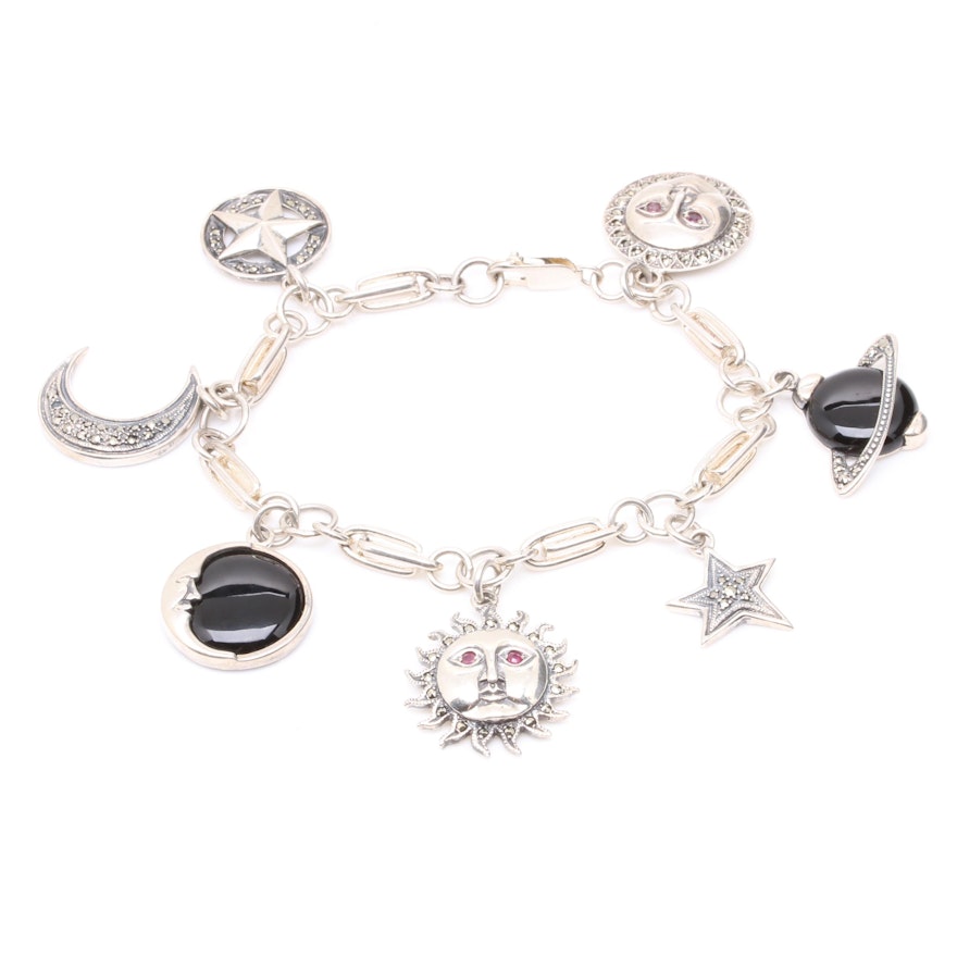 Sterling Silver Ruby, Black Onyx, and Marcasite Star Themed Charm Bracelet